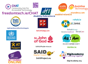 CHAT Banner with logos of all the organisations and companies at the CHAT event including Enable Ireland Sight and sound, Rehab, An Cosan, As I Am, Digi Academy, WHO, AT Passport, An Cosan, Switchify App